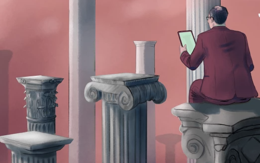 Illustration showing a man in a suit, sitting on a column, in a cloudy landscape full of columns of different heights